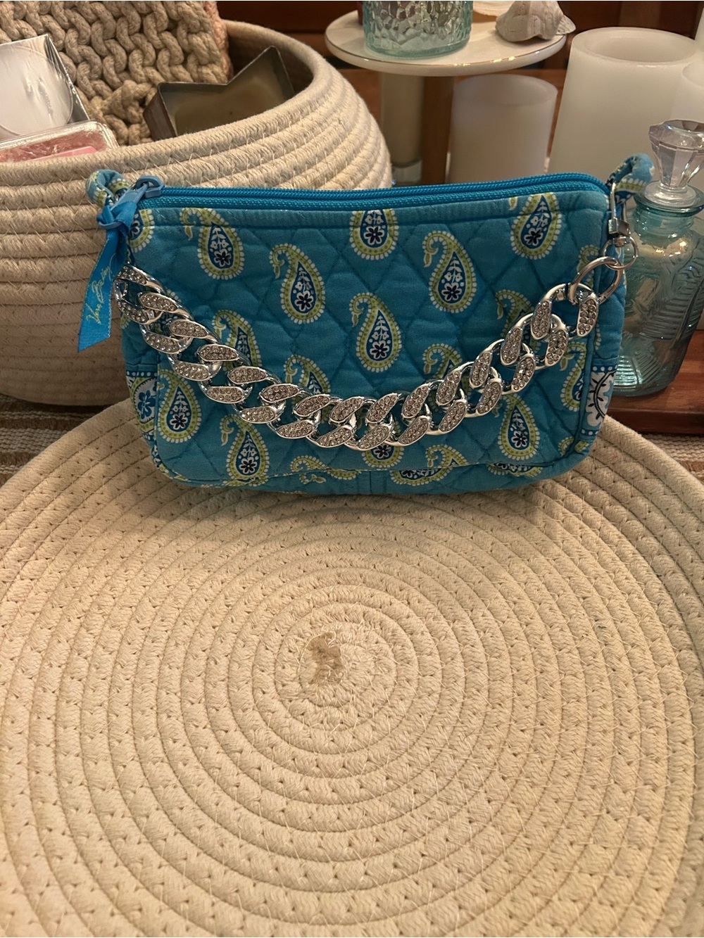 Vera Bradley Turquoise Paisley Quilted Mini Wristlet with Silver tone Chain